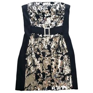 Nwot Cache 90s Strapless Black/Silver Sequined W Matte Black Satin Cocktail …